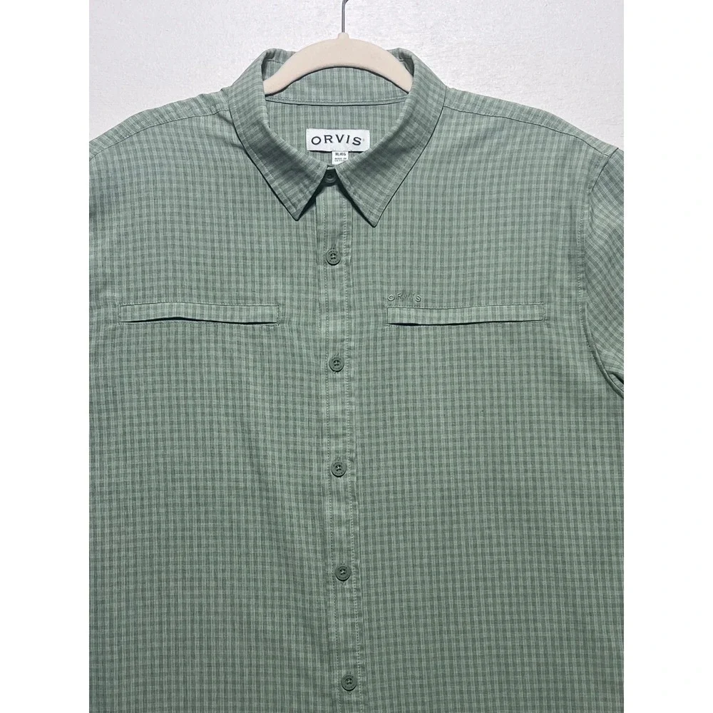 Orvis Mens XL Sage Green Micro Check Short Sleeve Performance Button Down Shirt